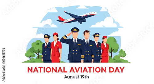 flat illustration banner of National Aviation Day on August 19th, featuring pilots and flight attendants in uniform with an airplane flying above trees and clouds