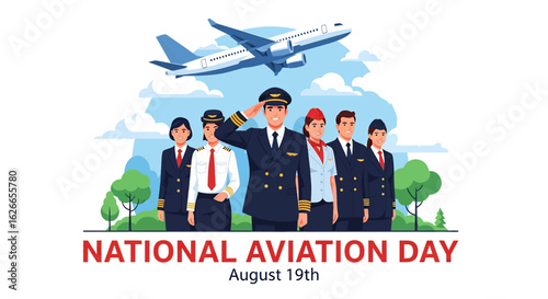 flat illustration banner of National Aviation Day on August 19th, featuring pilots and flight attendants in uniform with an airplane flying above trees and clouds