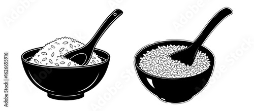 Vector art of two bowls of rice with spoons, isolated on white background