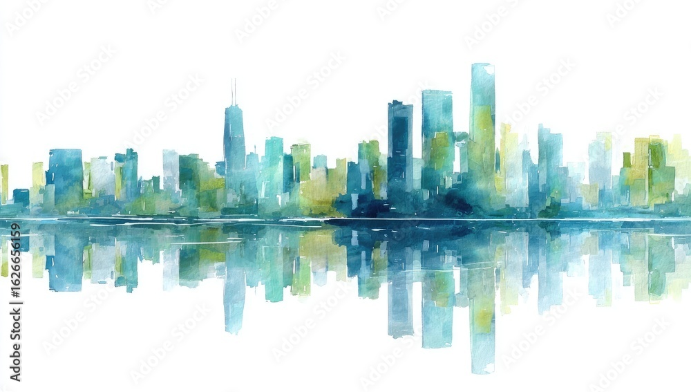 Obraz premium Watercolor cityscape skyline reflected in water