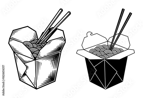 Vector art of two open chinese takeaway food boxes with chopsticks isolated on white background