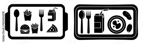 Vector art of two trays of food with drinks, cutlery, and various food items, isolated on white background