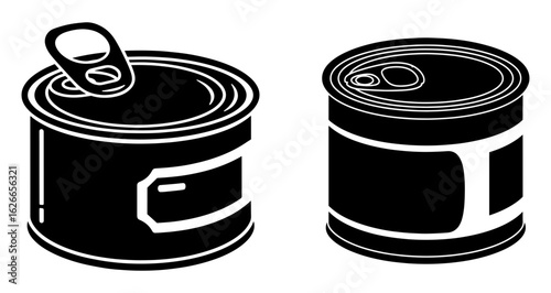 Vector art of two black and white cans, one open, isolated on white background