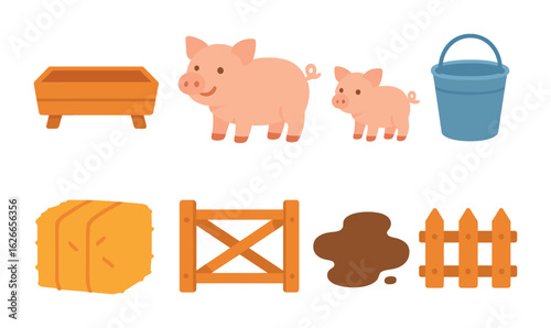 Pig Feeding Icons. Flat vector mini-illustrations pig feeding area in colors children's illustrations: feeding