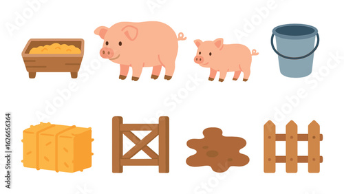 Pig Feeding Icons. Flat vector mini-illustrations pig feeding area in colors children's illustrations: feeding