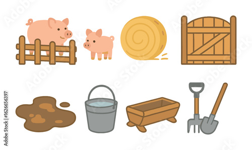 Pigsty Illustration Icons. Flat vector mini-illustrations pigsty with wooden fence in colors children's