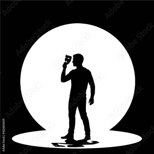 Vector art of silhouette of an actor holding a mask in a spotlight on a dark stage