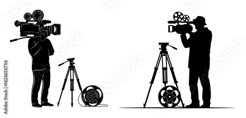 Vector art of silhouette of a filmmaker operating a vintage film camera on a tripod, isolated on white background