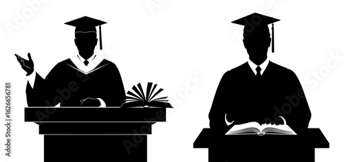Vector art of two graduates in academic regalia, one speaking at a podium with a book, isolated on white background