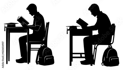 Vector art of silhouette of a student reading a book at a desk, isolated on white background