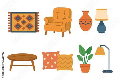Eclectic Interior Collection. Flat vector mini-illustrations eclectic interior design with mixed styles in