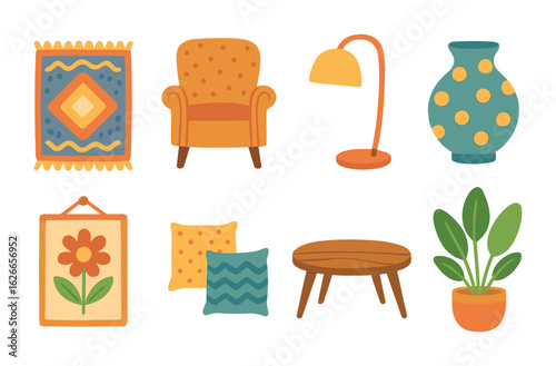 Eclectic Interior Collection. Flat vector mini-illustrations eclectic interior design with mixed styles in