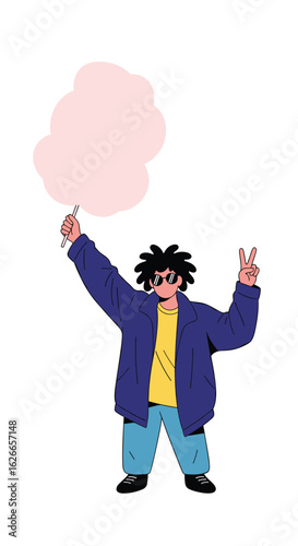 Young person holding pink cotton candy with peace sign and blue jacket smiling happily