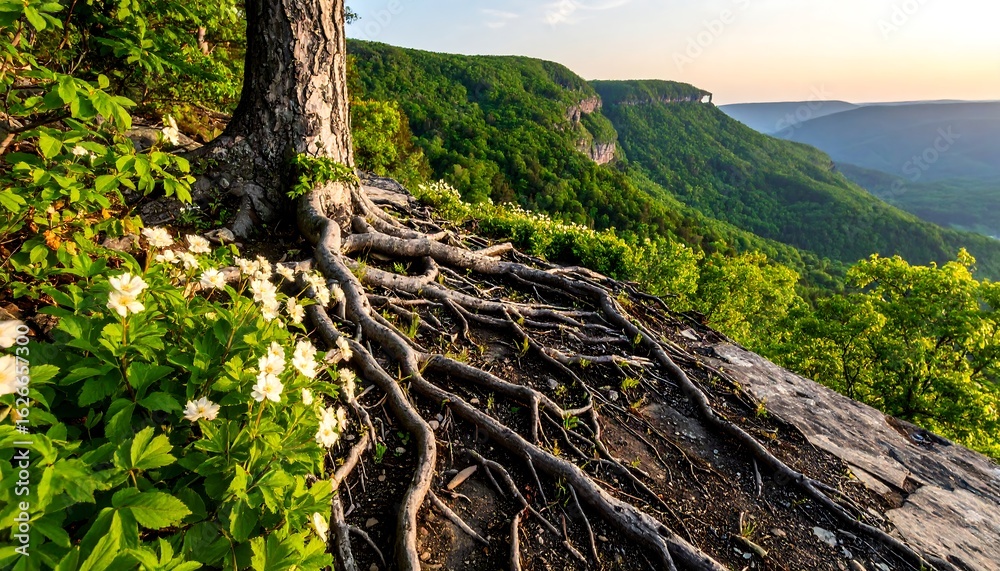 Fototapeta premium Tree Roots and White Wildflowers Overlooking Green Mountains at Sunset