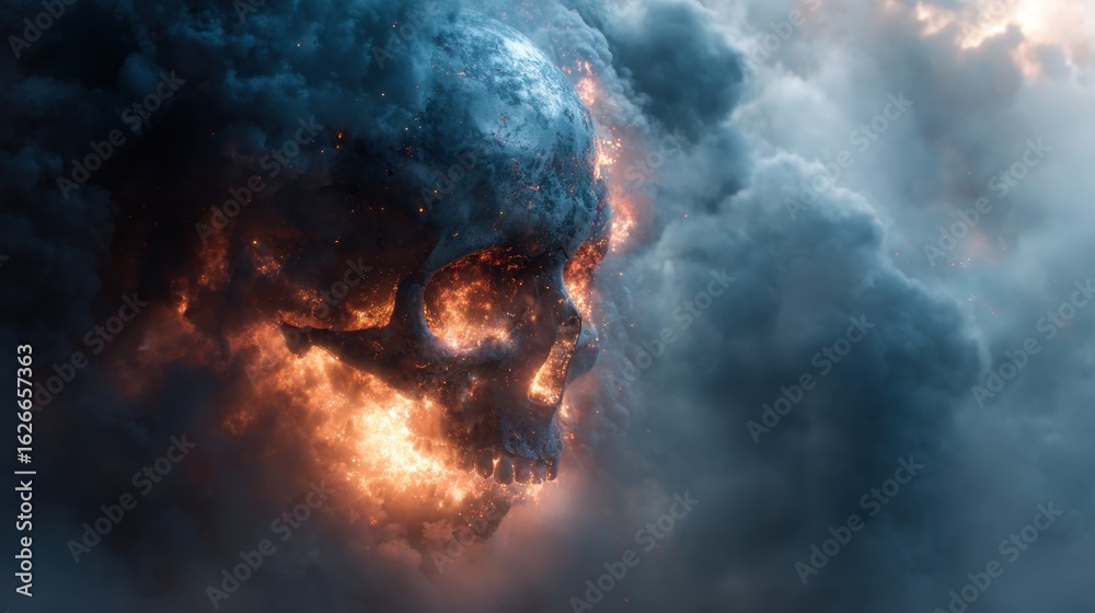 Fototapeta premium Fiery skull in stormy clouds