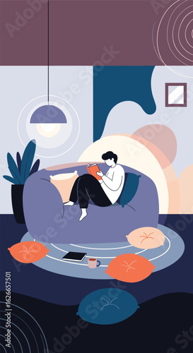 Relaxing afternoon indoors enjoying a cozy bean bag chair with a book and a cup of warm beverage