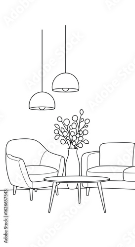 Cozy modern living room furniture arrangement with pendant lights and floral accent table
