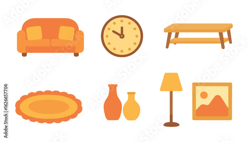 Children's Room Decor Icons. Flat vector mini-illustrations living room styling in colors children's