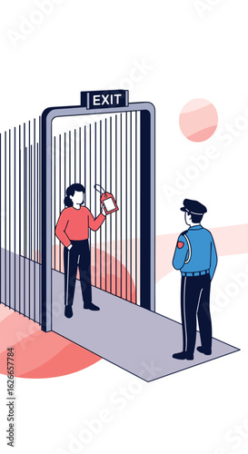 Security checkpoint personnel inspecting document at exit gate