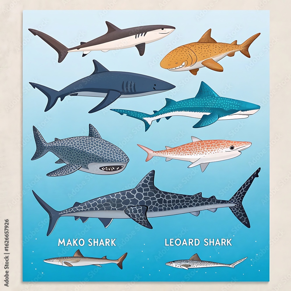 Naklejka premium Illustration of different shark species on a blue gradient background