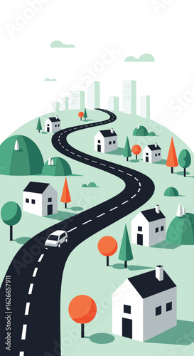 A winding road through a charming village leading towards a distant city skyline