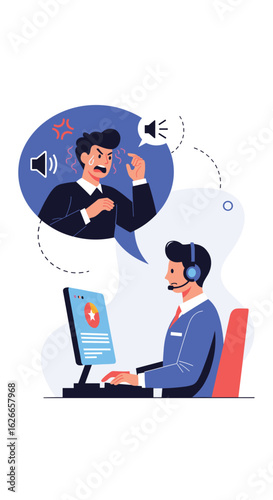 Customer service representative dealing with angry customer over phone call and computer support interaction
