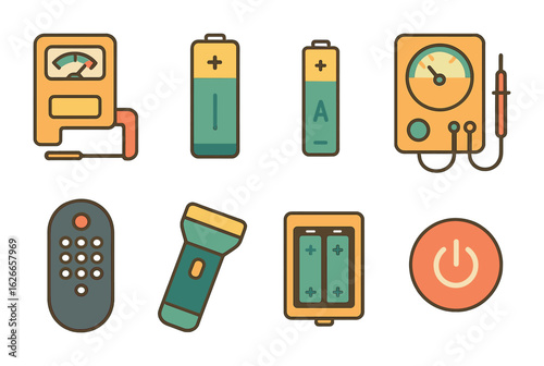 Battery Testing Icons. Flat vector mini-illustrations testing batteries in a device in colors children's
