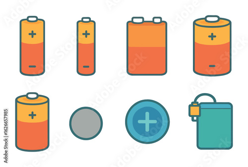 Colorful Battery Icons. Flat vector mini-illustrations common battery types in colors children's illustrations