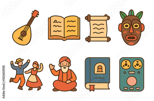 Endangered Cultural Icons. Flat vector mini-illustrations documenting endangered cultural practices and