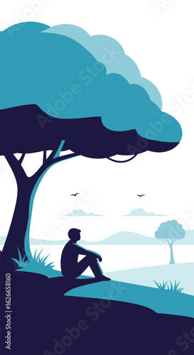 A solitary figure finds peace beneath the shade of a large tree observing the distant landscape on a bright day