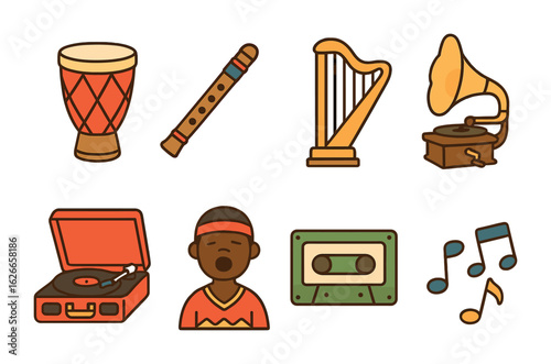 Traditional Music Icons. Flat vector mini-illustrations traditional music preservation in colors children's