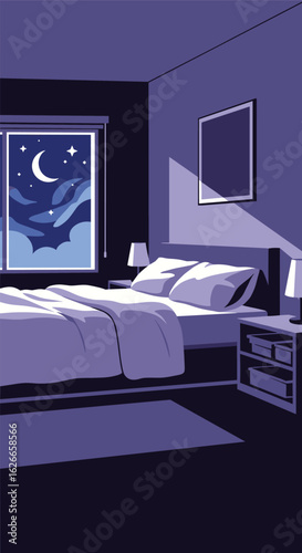 Calm pixel art bedroom scene bathed in gentle moonlight with a starry night sky outside the window