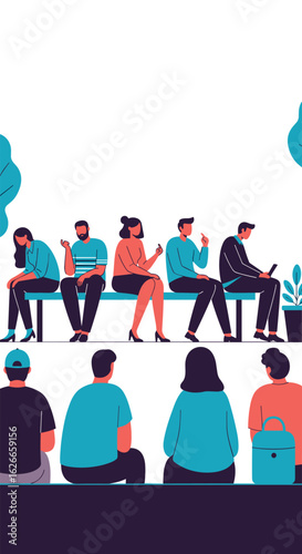 Diverse group of people waiting patiently on a bench outdoors under trees in a casual gathering