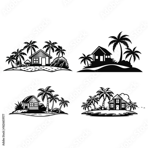 Black monochrome silhouettes show tropical beach houses with palm trees on islands against white