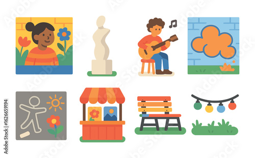 Vibrant Urban Art Icons. Flat vector mini-illustrations Urban art in pedestrian zones in colors children's