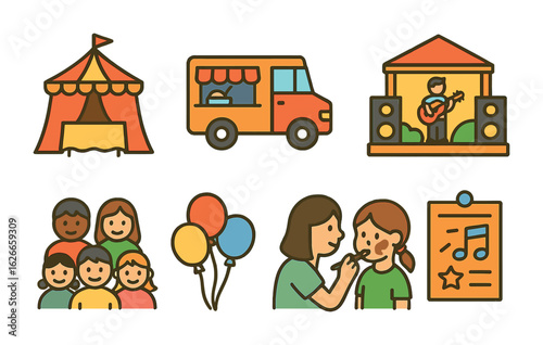 Vibrant Street Fair Icons. Flat vector mini-illustrations Events in pedestrian zones in colors children's