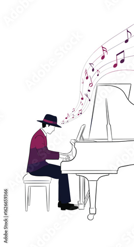 pianist playing piano, purple suit, musical notes clip art preview