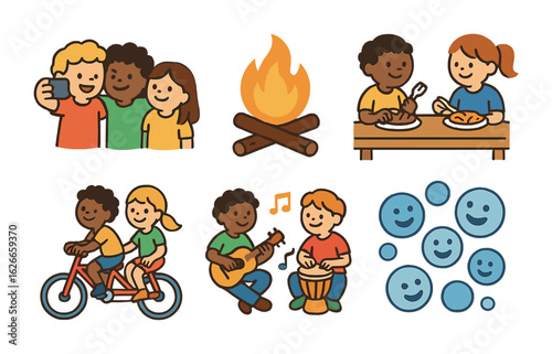 Childhood Adventures Icons. Flat vector mini-illustrations Treasured friendships and shared adventures in