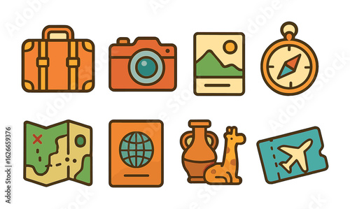 Travel Keepsake Icons. Flat vector mini-illustrations Keepsakes from travels and explorations in colors