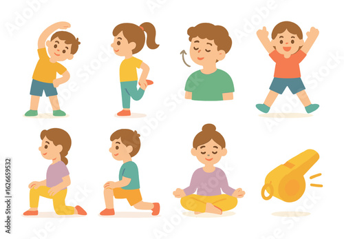 Children's Warm-Up Icons. Flat vector mini-illustrations Warm-up and stretching exercises in colors children's