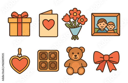 Heartfelt Gifts Icons. Flat vector mini-illustrations Heartfelt gifts and tokens of affection in colors