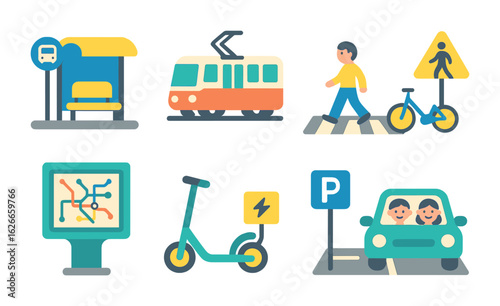 Transit Icons for Kids. Flat vector mini-illustrations Transit-oriented urban design in colors children's