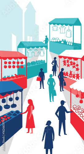 A vibrant outdoor marketplace scene featuring diverse stalls and shoppers enjoying a bustling atmosphere