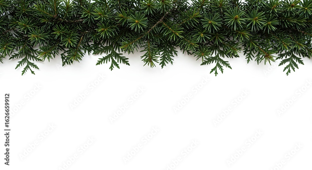 Obraz premium Spiky Pine Leaves Festive Garland Framing the Top White Background