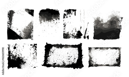 Grainy vintage paper collage with rough paintbrush strokes, distressed ink splashes, torn and ripped edges, grunge overlay texture, dirty banner filter, splash and dust effects, retro abstract frame