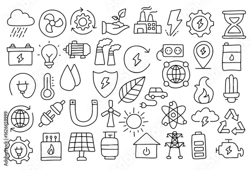 Hand Drawn Energy and Electricity Icons Set – Doodle Style Renewable Energy, Eco Power, Solar, Electric Car, Recycling, Battery, Sustainability, Green Technology