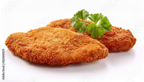 homemade breaded chicken schnitzel isolated on white background
