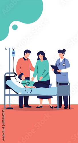 Hospital care for a sick child with parents and a doctor monitoring vital signs