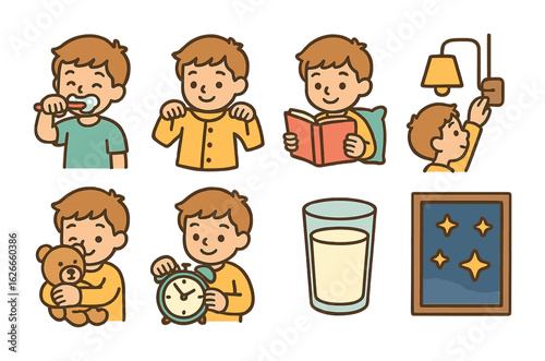 Children's Bedtime Rituals. Flat vector mini-illustrations Sleep time routines in colors children's
