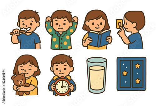 Children's Bedtime Rituals. Flat vector mini-illustrations Sleep time routines in colors children's